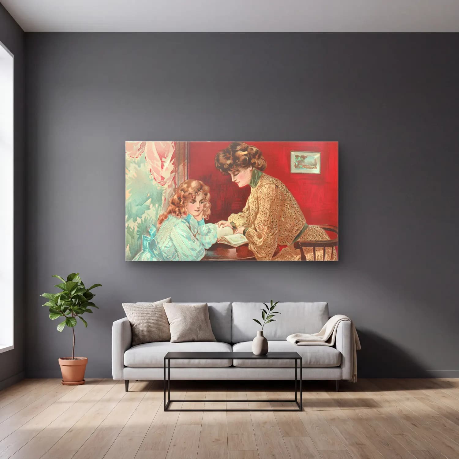 H. B. Claflin – Crépe silk rayé Crépe nouveauté cam tablo — gri duvarlı salonda