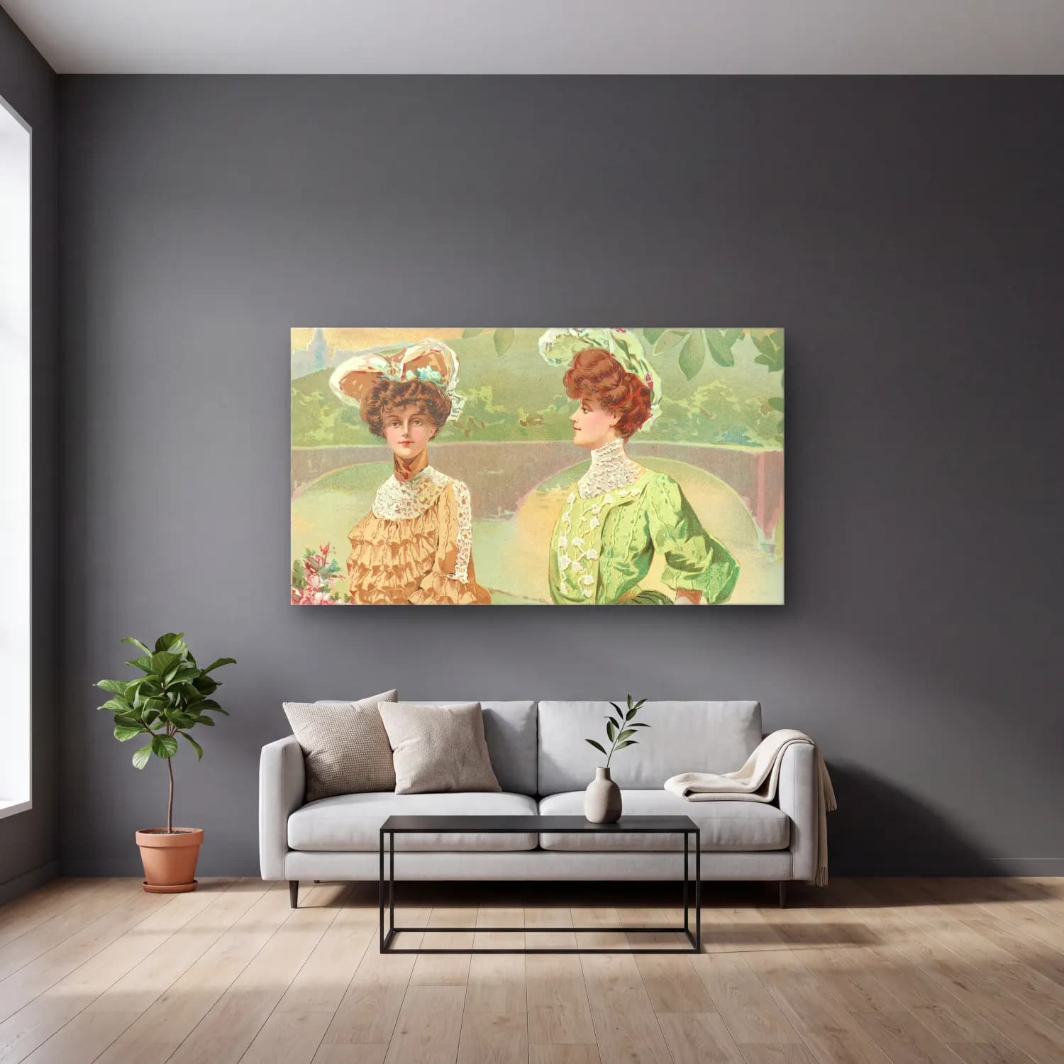 H. B. Claflin – Embroidered cord silk cam tablo — gri duvarlı salonda