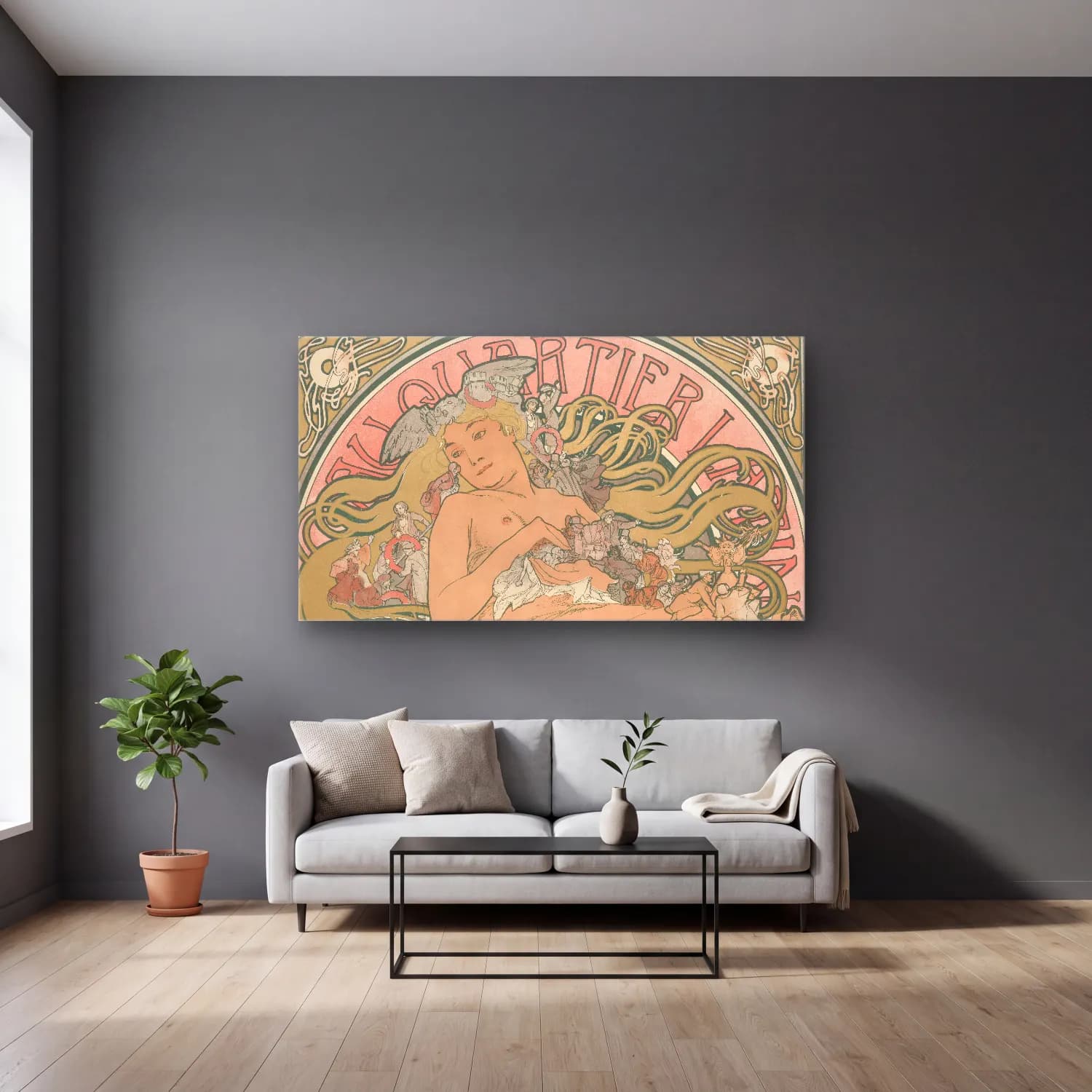 Alphonse Mucha – Au Quartier Latin cam tablo — gri duvarlı salonda