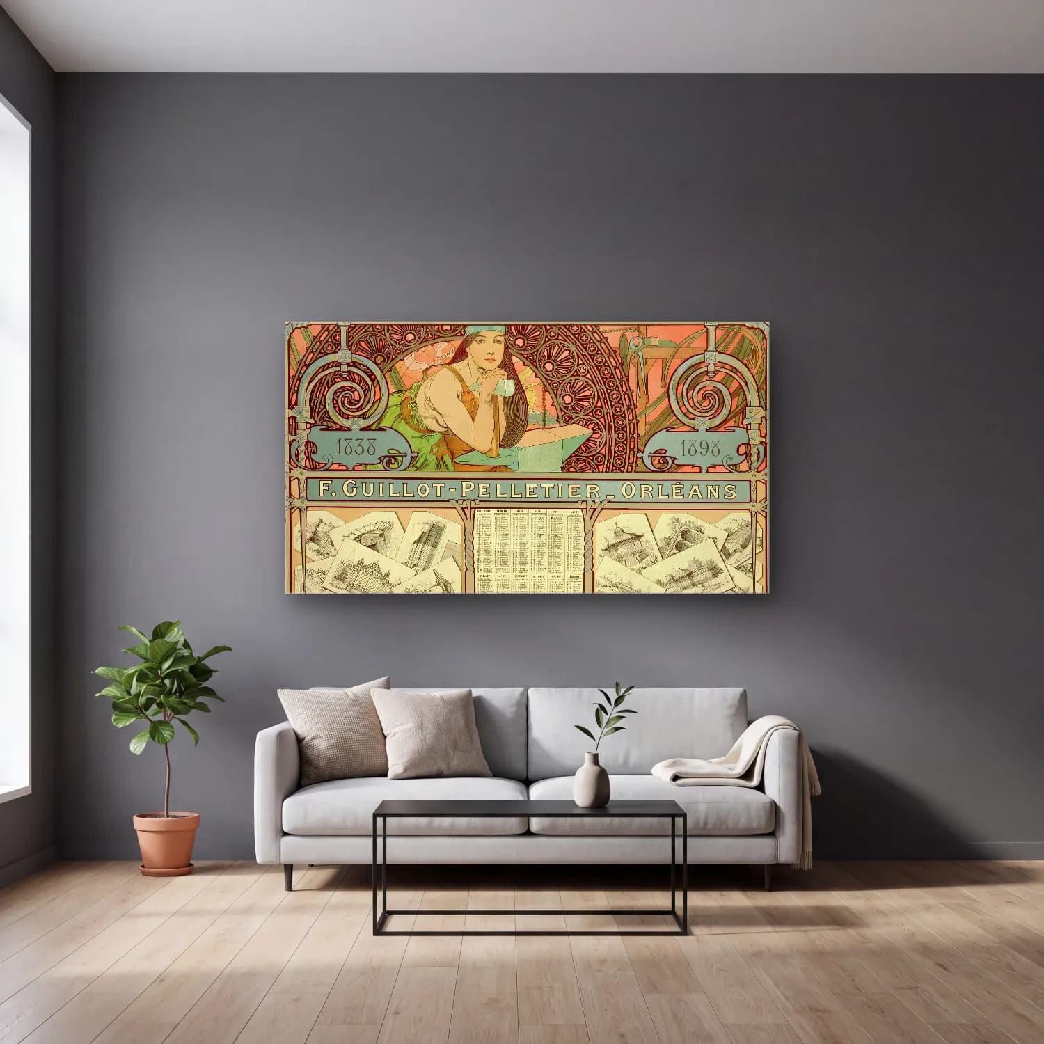 Alphonse Mucha – F. Guillot Pelletier-Orleans 1838– cam tablo — gri duvarlı salonda