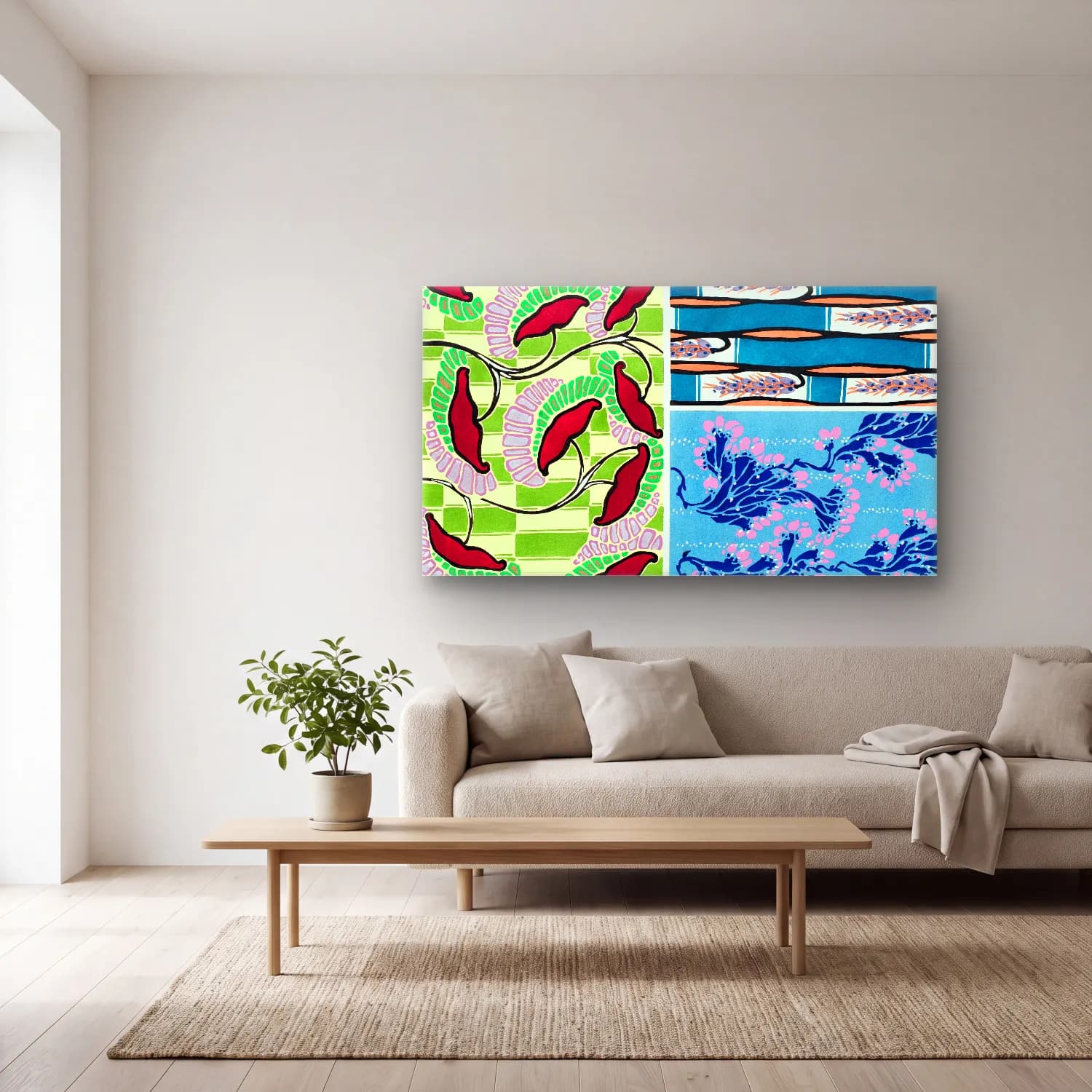 E.A. Séguy – Floral colorful background, vintage art deco & art nouveau… – Mavi Tonlar cam tablo — açık renk salonda