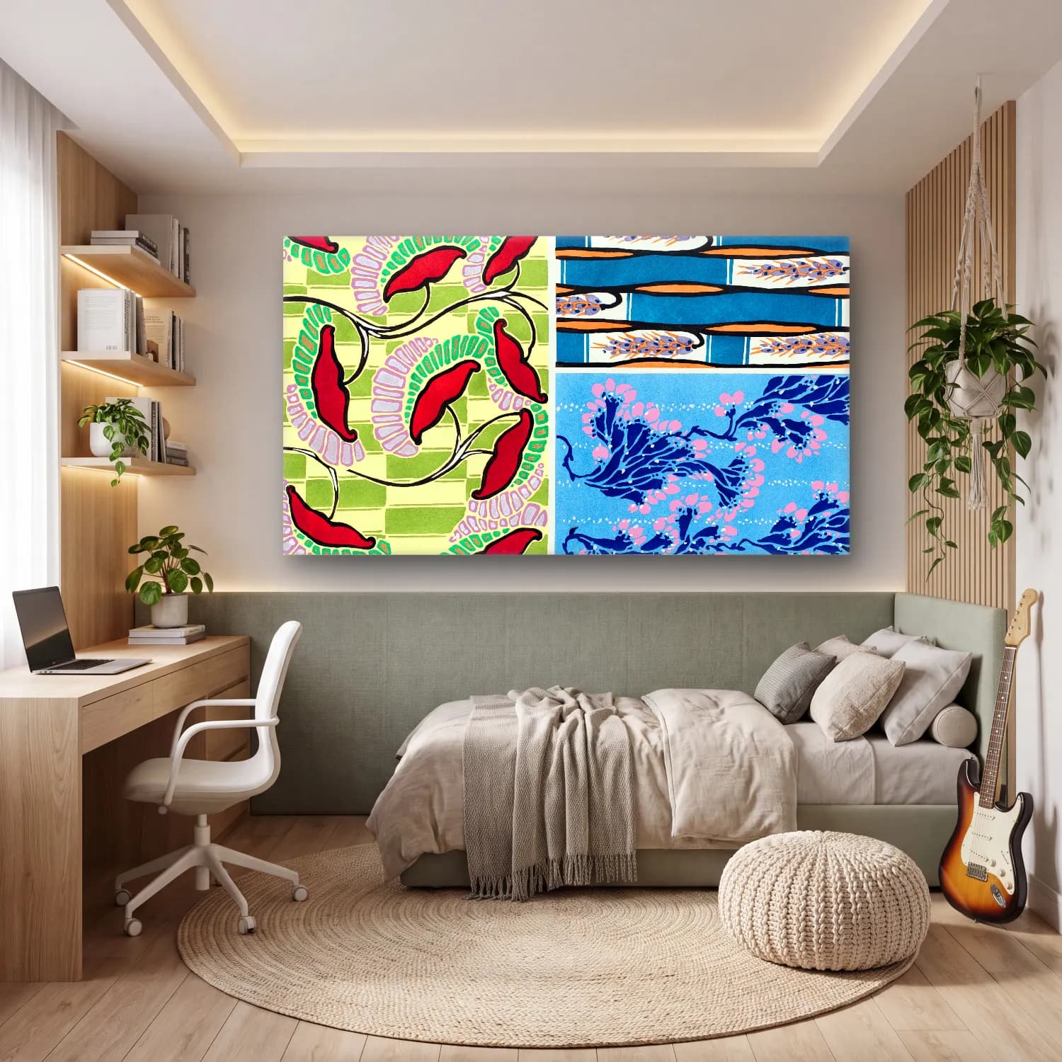 E.A. Séguy – Floral colorful background, vintage art deco & art nouveau… – Mavi Tonlar cam tablo — genç odasında