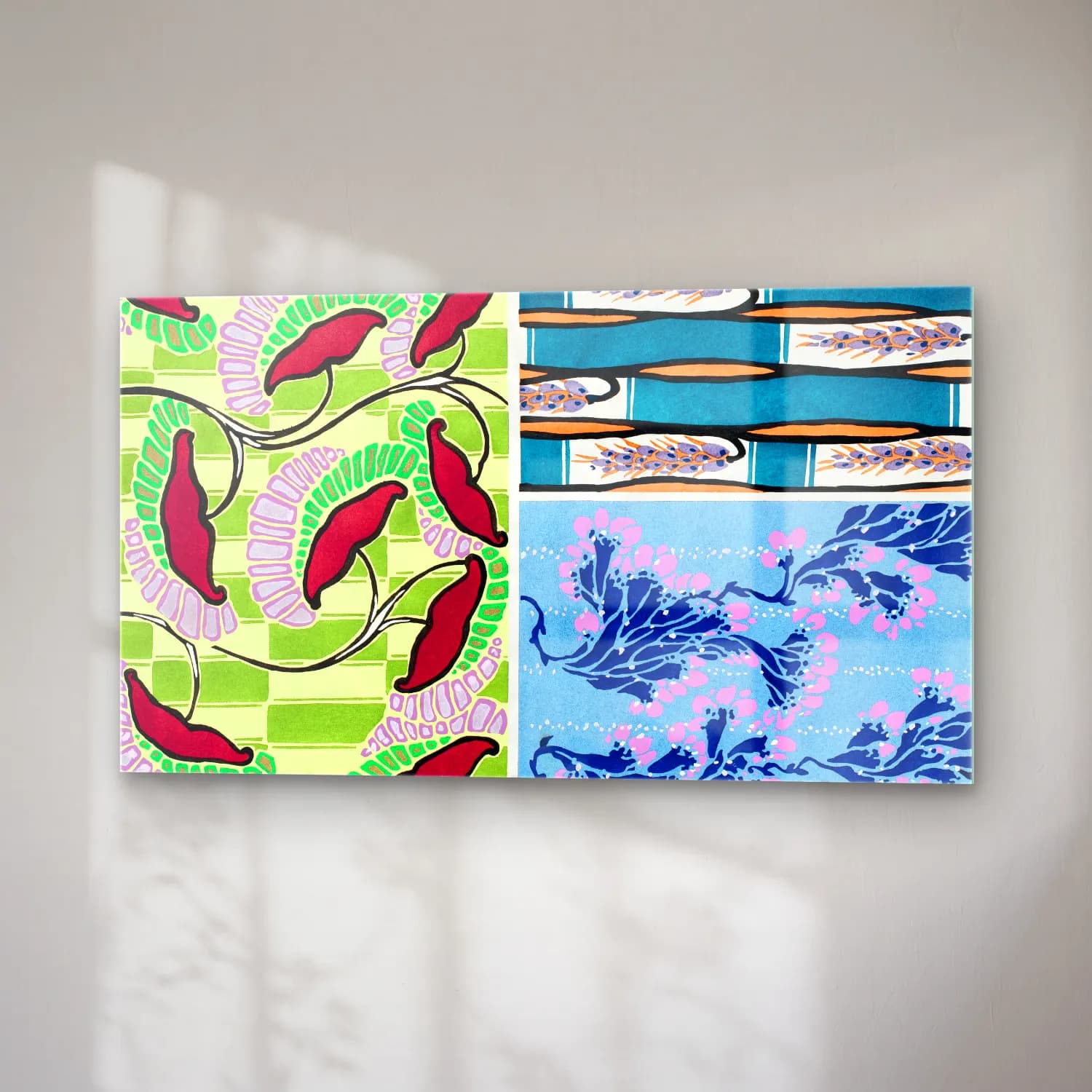 E.A. Séguy – Floral colorful background, vintage art deco & art nouveau… – Mavi Tonlar cam tablo — sağ açıdan görünüm