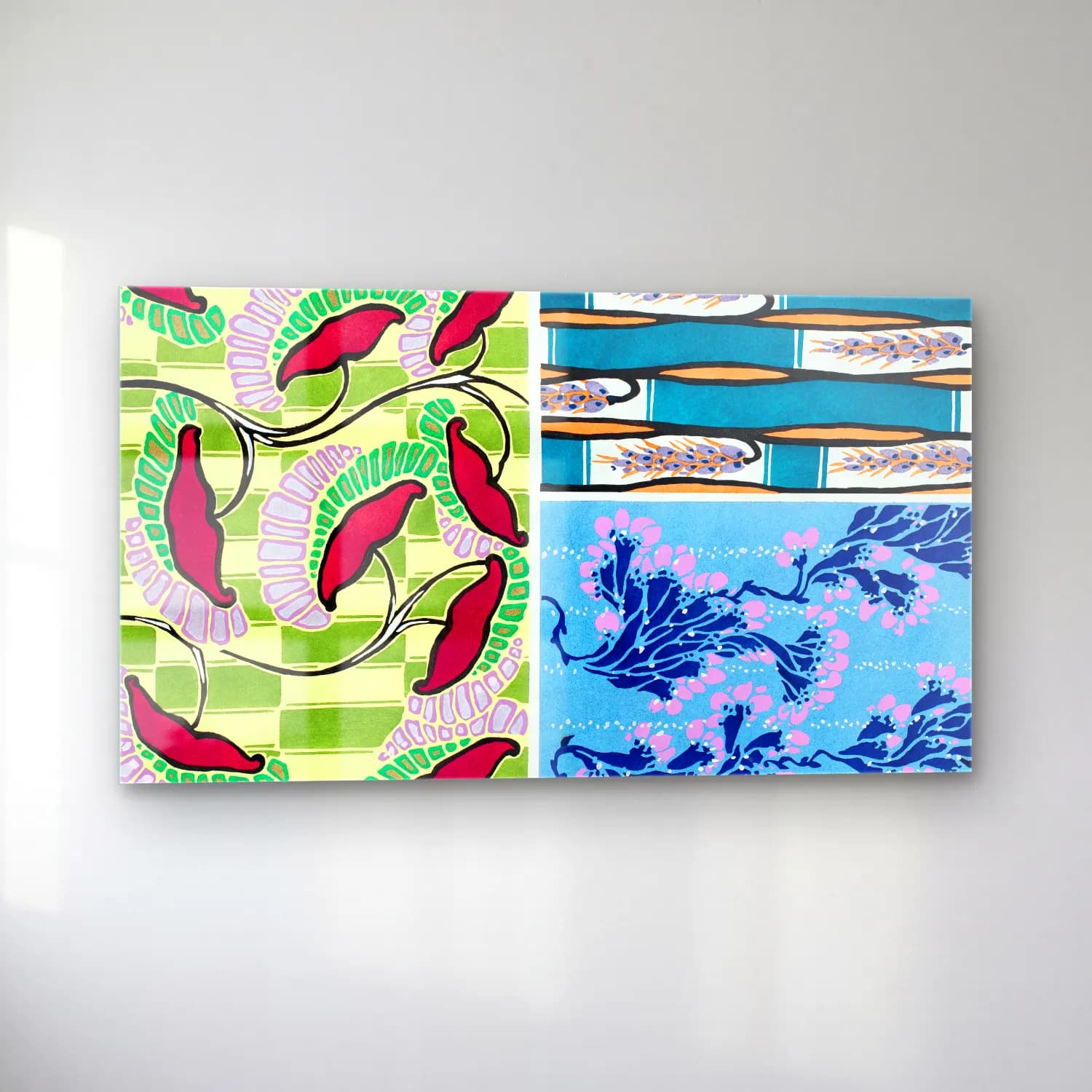 E.A. Séguy – Floral colorful background, vintage art deco & art nouveau… – Mavi Tonlar cam tablo — sol açıdan görünüm