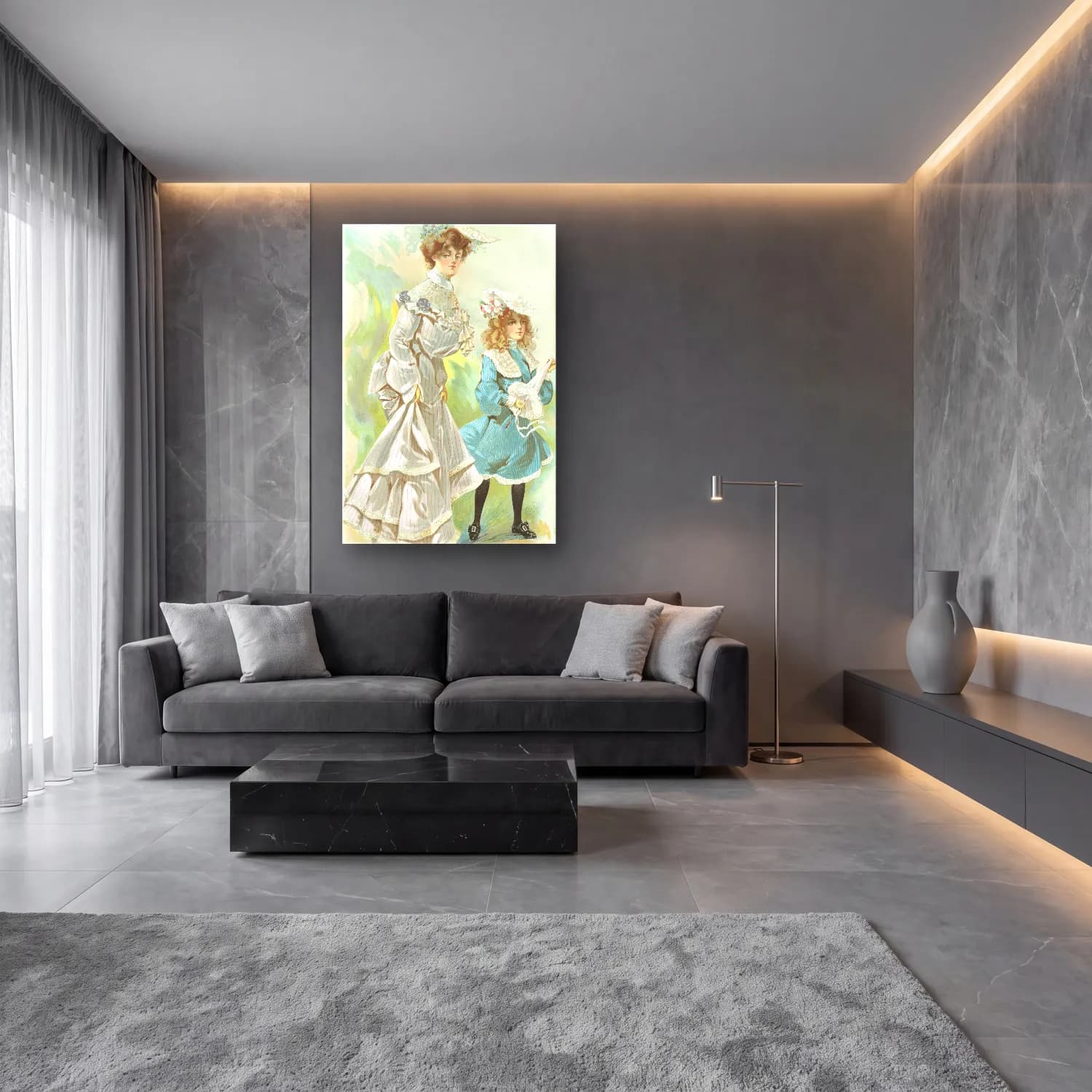 H. B. Claflin – Shantung glacé cam tablo — lüks salon duvarında