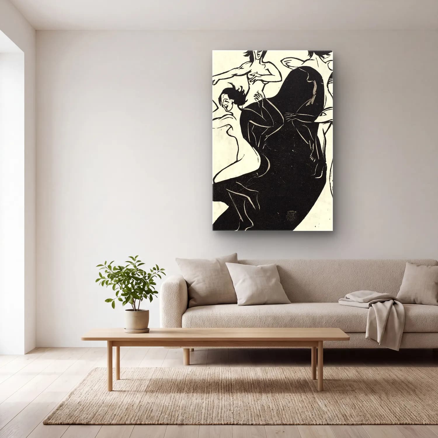 Ernst Ludwig Kirchner – Nudes Dancing around a Shadow – Siyah Beyaz Tonlar cam tablo — açık renk salonda