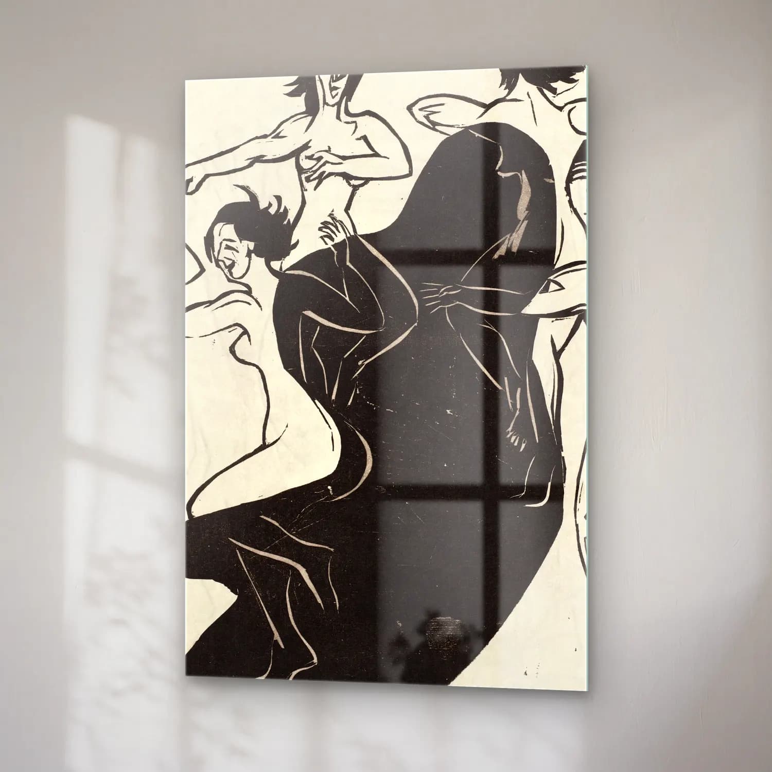 Ernst Ludwig Kirchner – Nudes Dancing around a Shadow – Siyah Beyaz Tonlar cam tablo — sağ açıdan görünüm