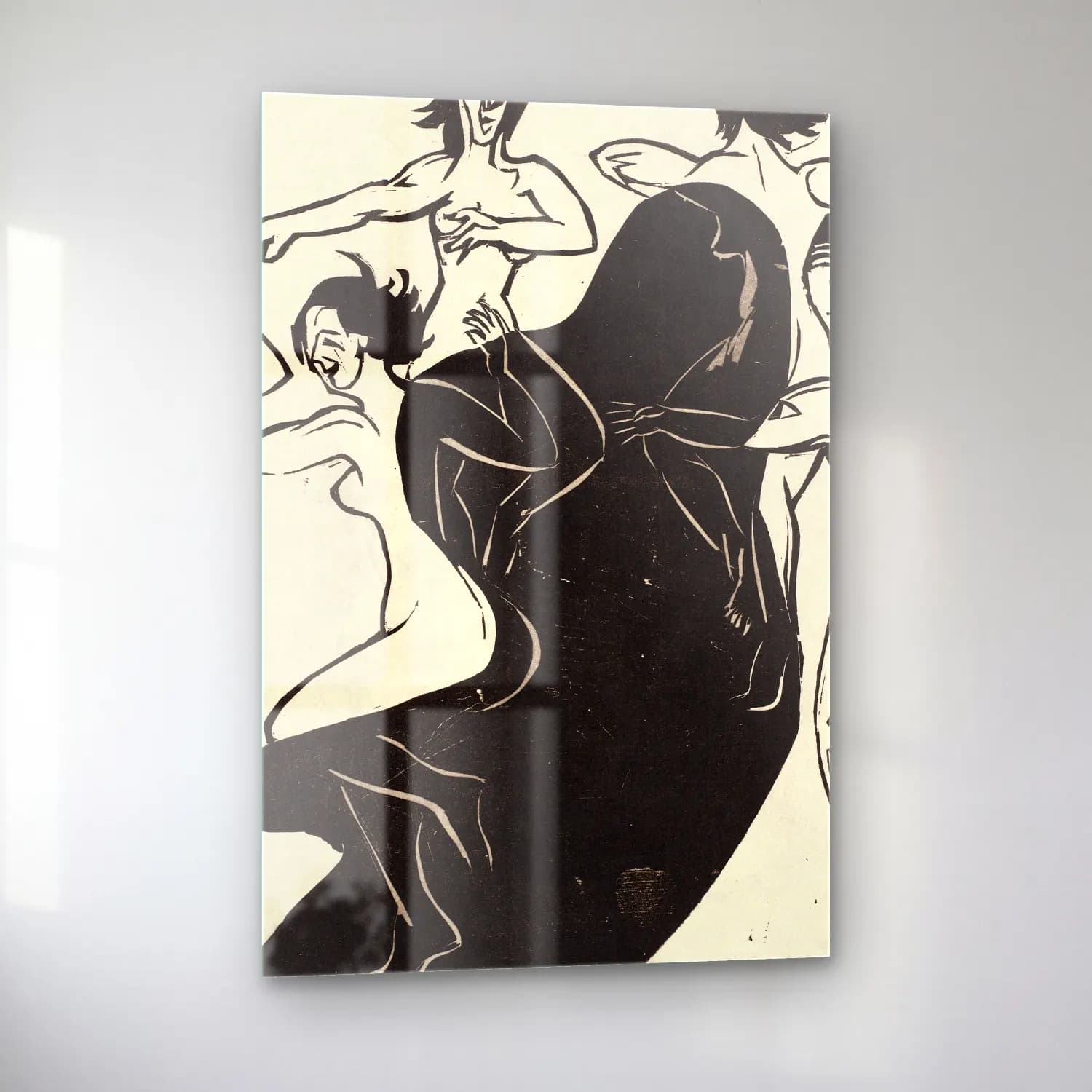 Ernst Ludwig Kirchner – Nudes Dancing around a Shadow – Siyah Beyaz Tonlar cam tablo — sol açıdan görünüm