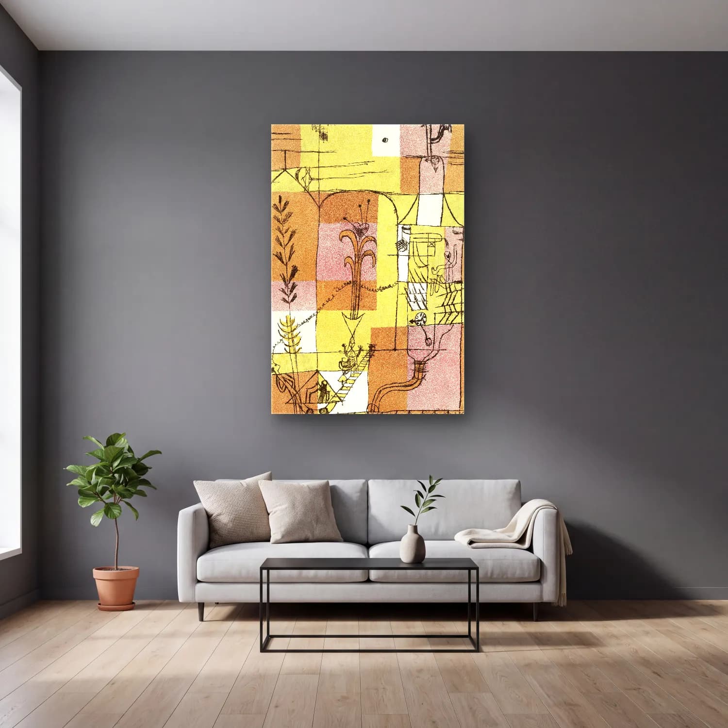 Paul Klee – In the Spirit of Hoffmann cam tablo — gri duvarlı salonda