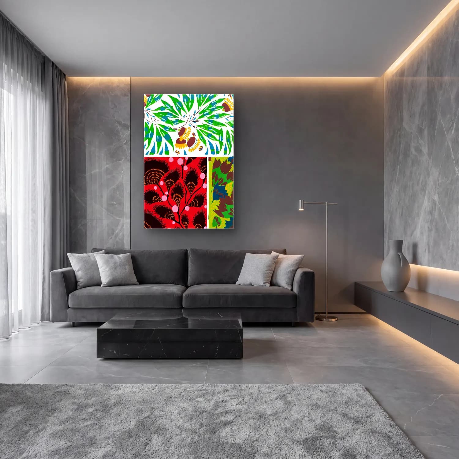 Maksimalist Çiçek Deseni No. 26 cam tablo — lüks salon duvarında