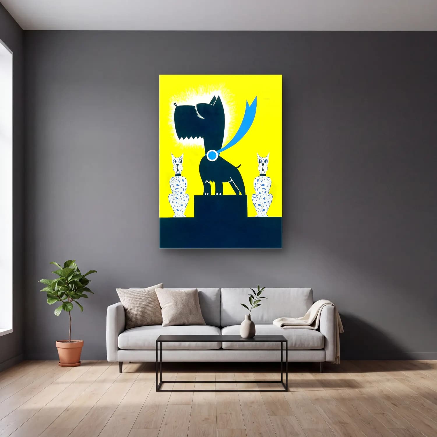 Vintage Poster Köpek cam tablo — gri duvarlı salonda