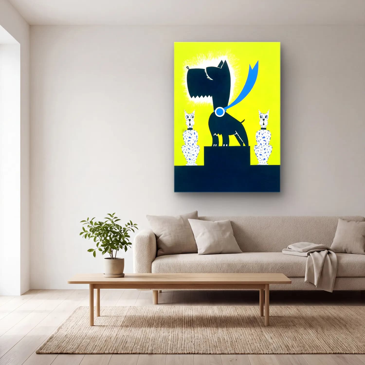 Vintage Poster Köpek cam tablo — açık renk salonda