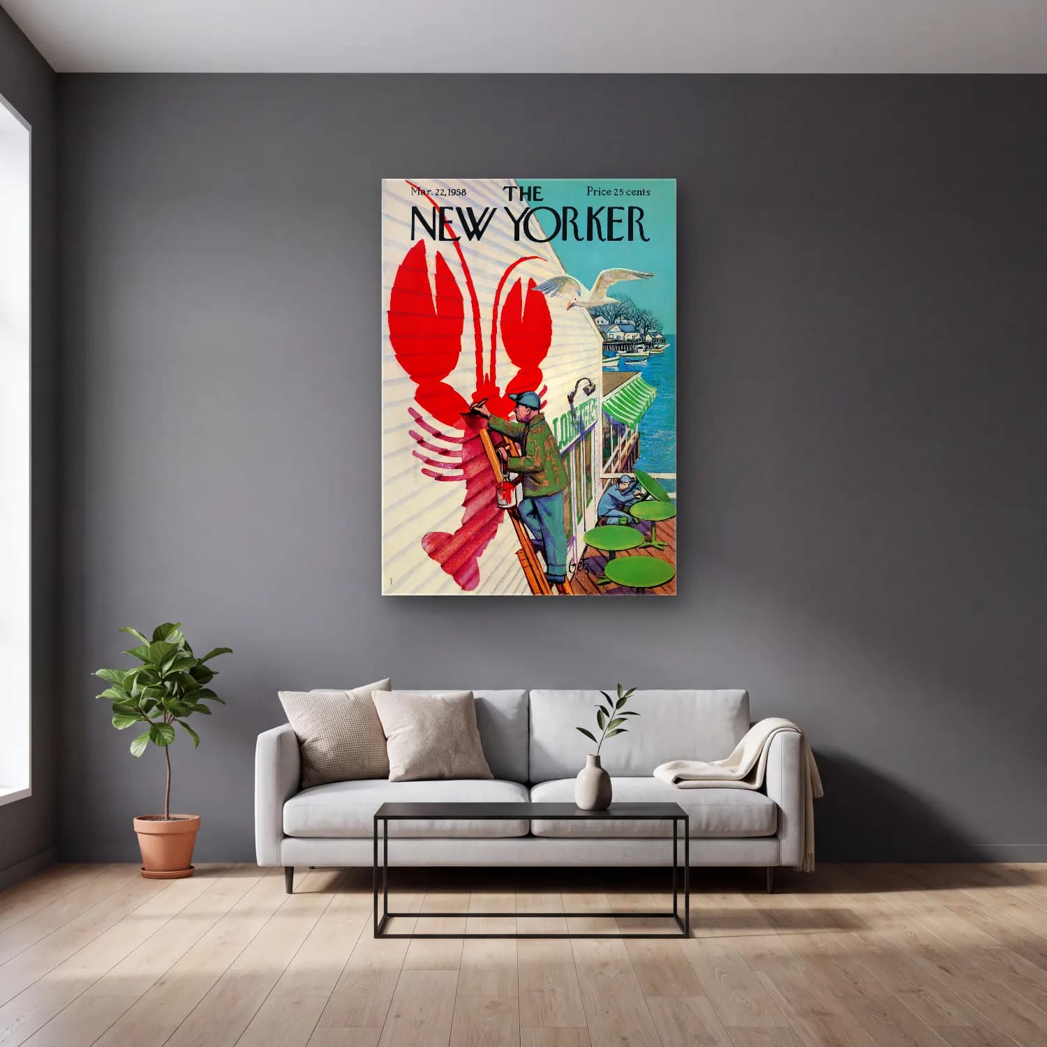 Vintage Poster Yengeç cam tablo — gri duvarlı salonda