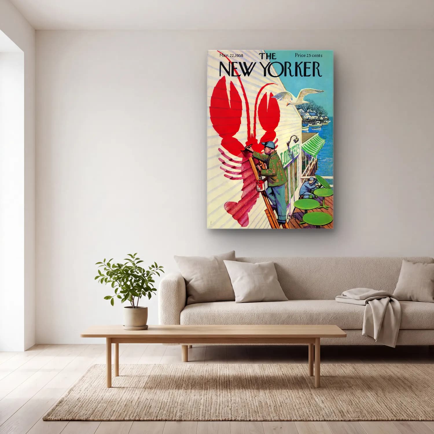 Vintage Poster Yengeç cam tablo — açık renk salonda
