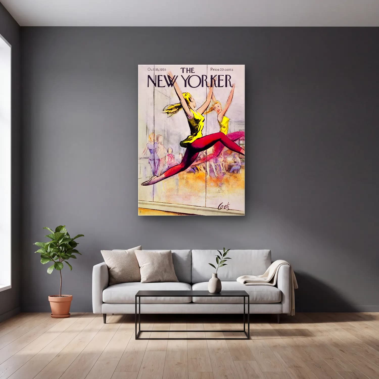 Vintage Poster Balerin cam tablo — gri duvarlı salonda