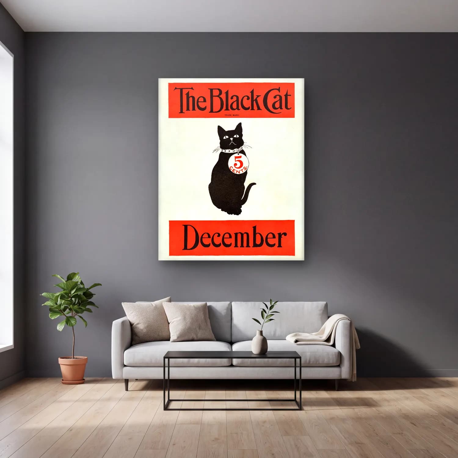 Vintage Poster Kedi – Siyah Beyaz Tonlar cam tablo — gri duvarlı salonda