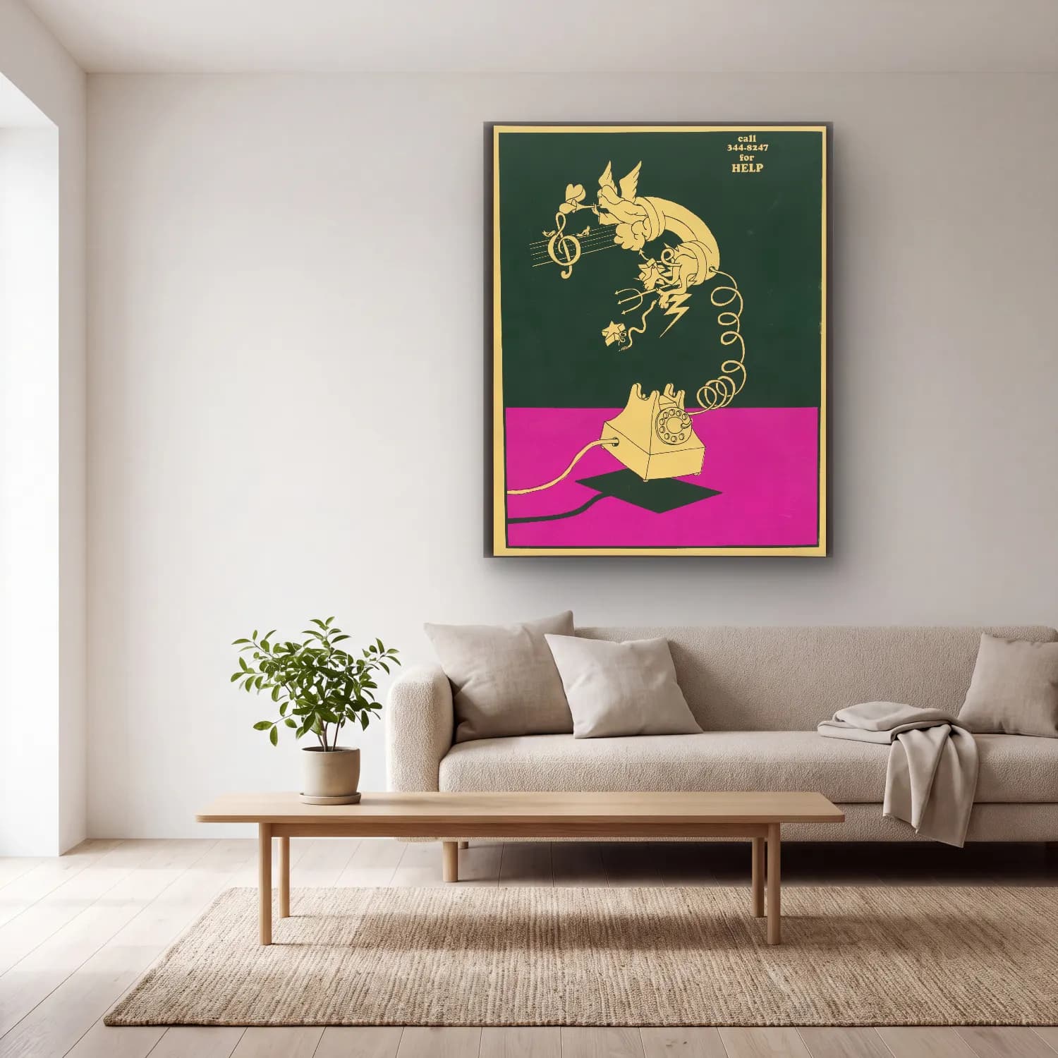 Vintage Poster Melek cam tablo — açık renk salonda
