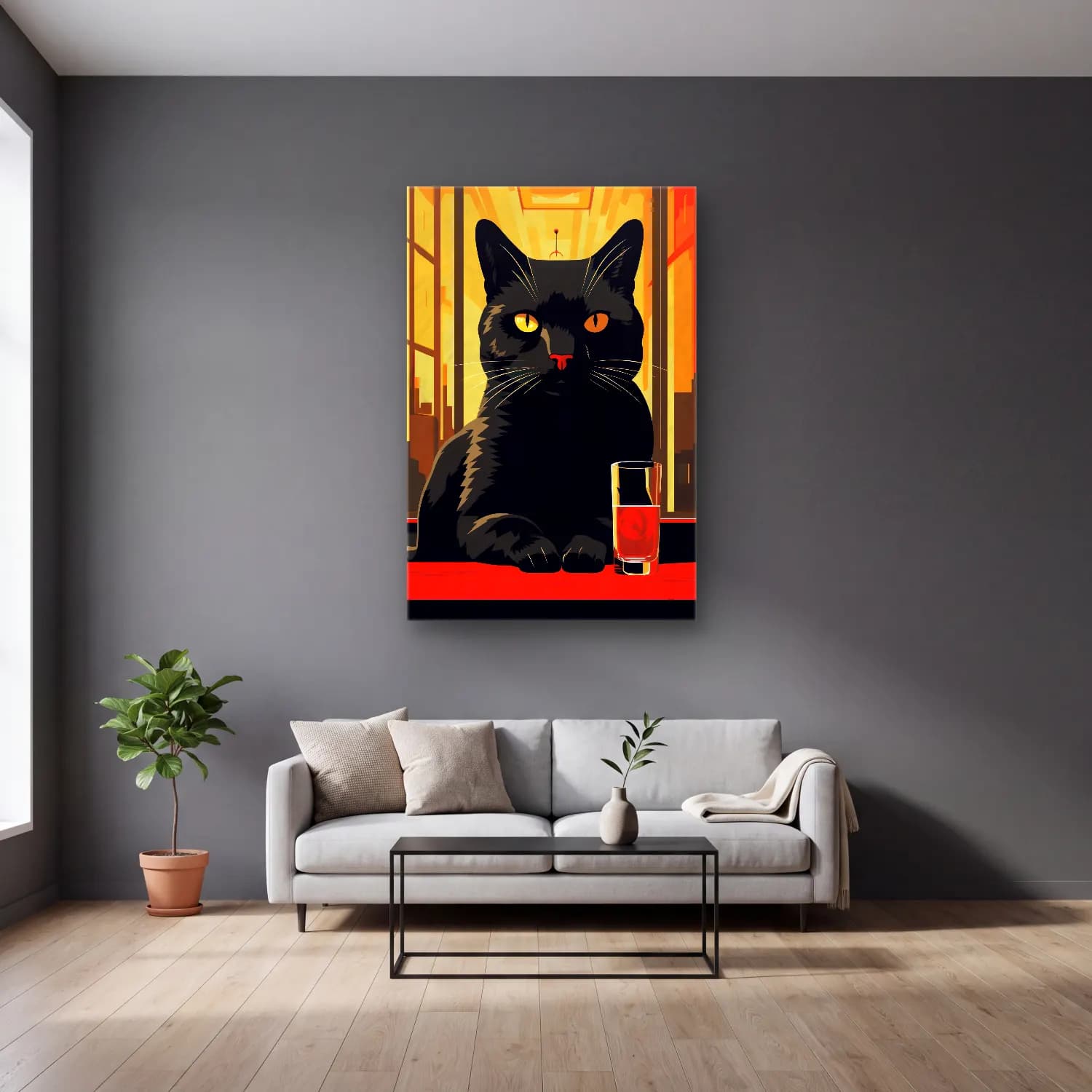 Vintage Poster Kedi No. 4 cam tablo — gri duvarlı salonda