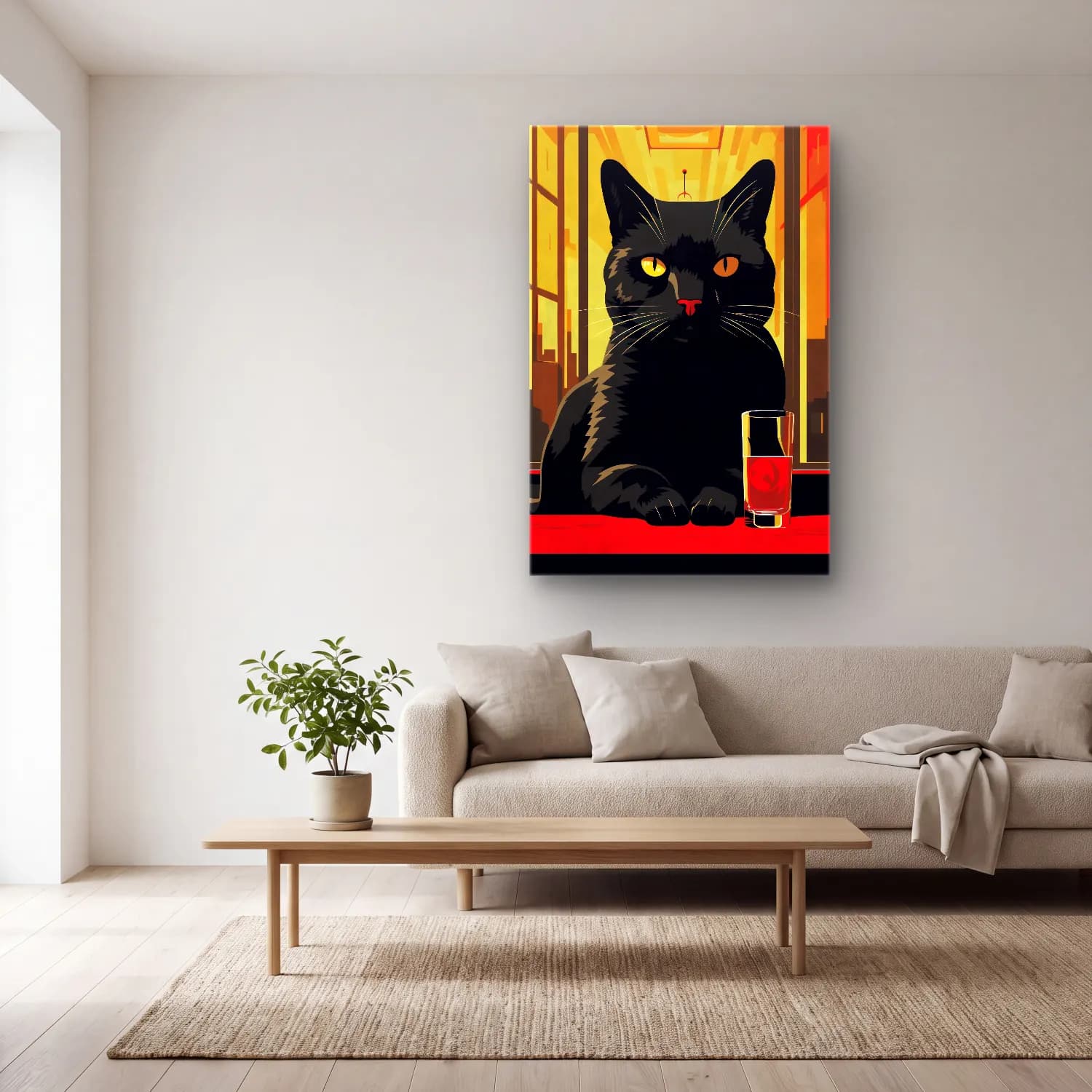 Vintage Poster Kedi No. 4 cam tablo — açık renk salonda