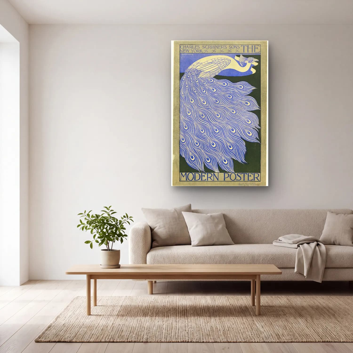 Vintage Poster Tavus Kuşu cam tablo — açık renk salonda
