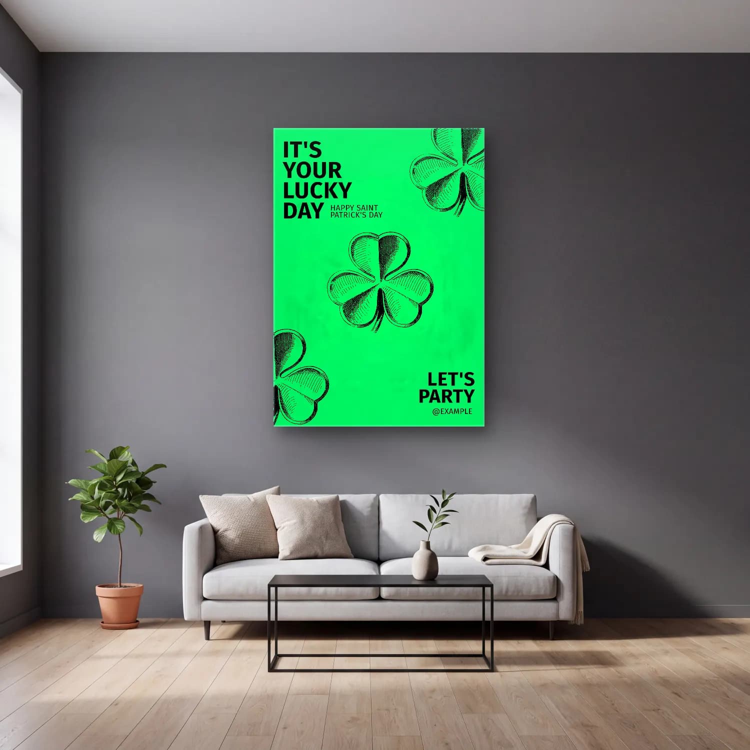 Vintage Poster Yazılı Tasarım No. 14 cam tablo — gri duvarlı salonda