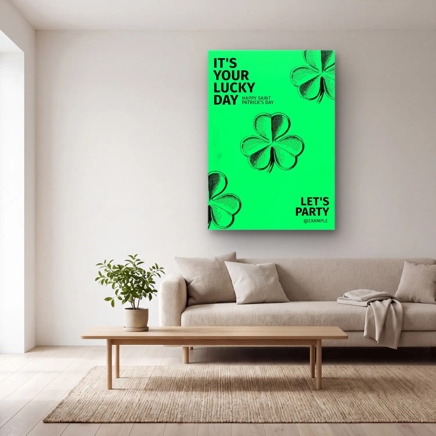 Vintage Poster Yazılı Tasarım No. 14 cam tablo — açık renk salonda