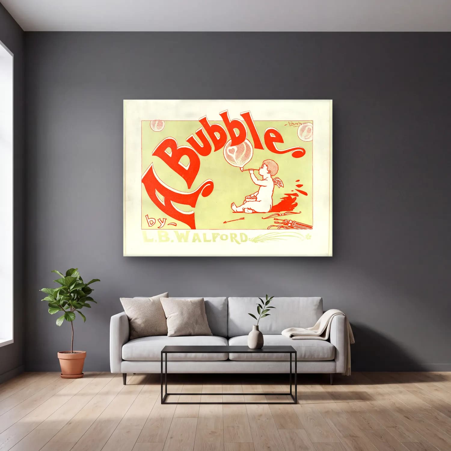 Vintage Poster Melek – Turuncu Tonlar cam tablo — gri duvarlı salonda