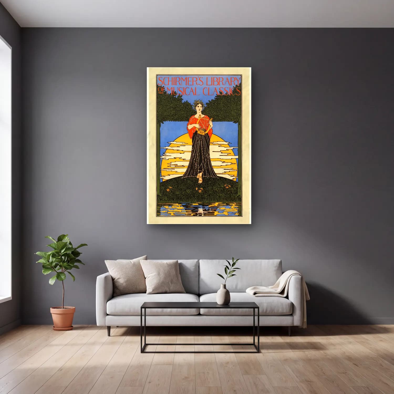 Vintage Poster Elbiseli Kadın – Turuncu Tonlar cam tablo — gri duvarlı salonda