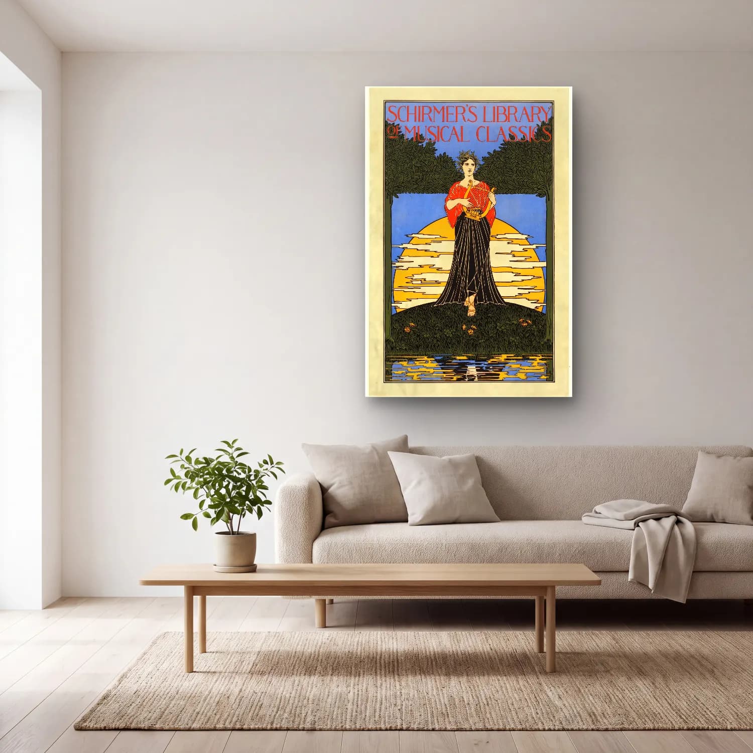 Vintage Poster Elbiseli Kadın – Turuncu Tonlar cam tablo — açık renk salonda