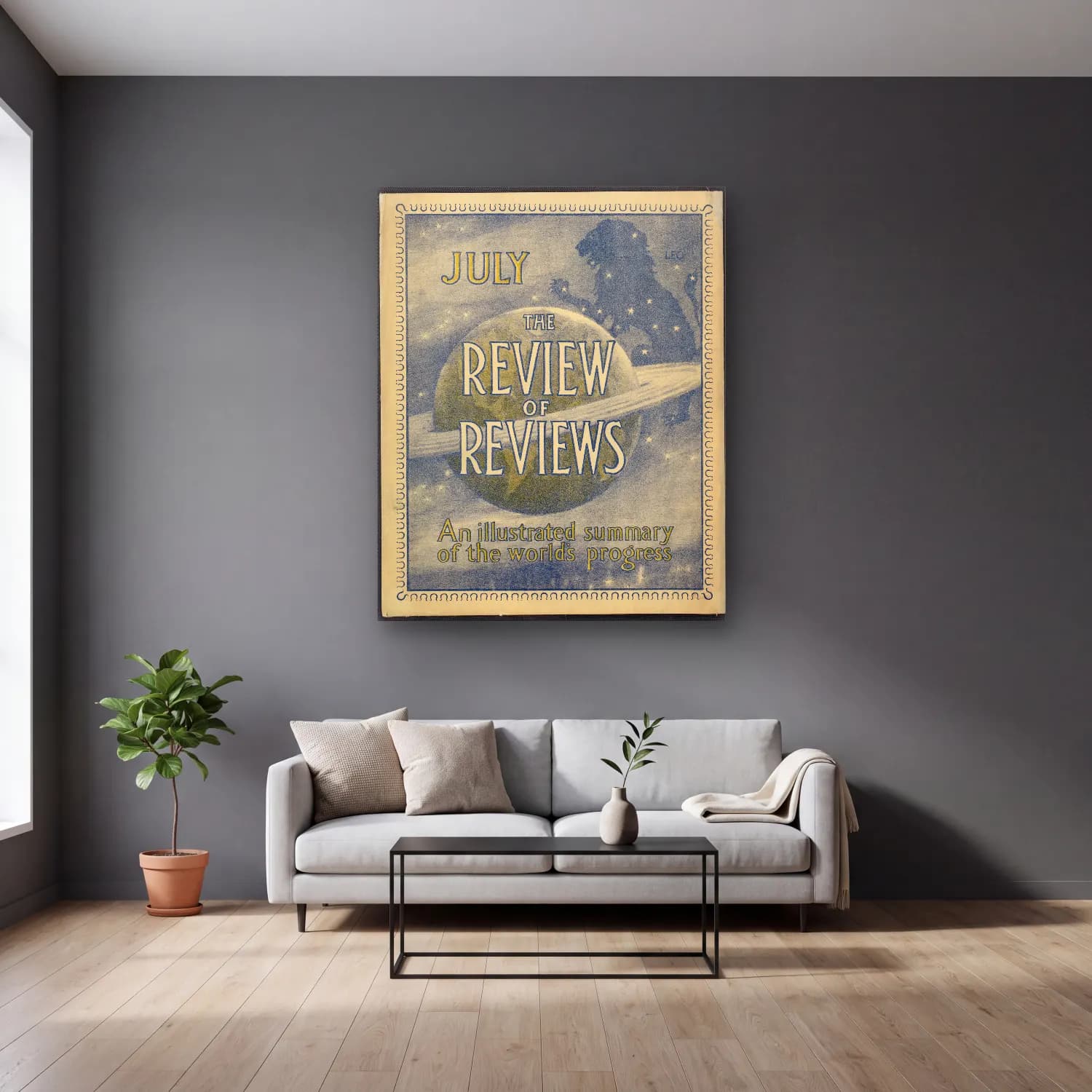 Vintage Poster Yıldızlı Gece cam tablo — gri duvarlı salonda