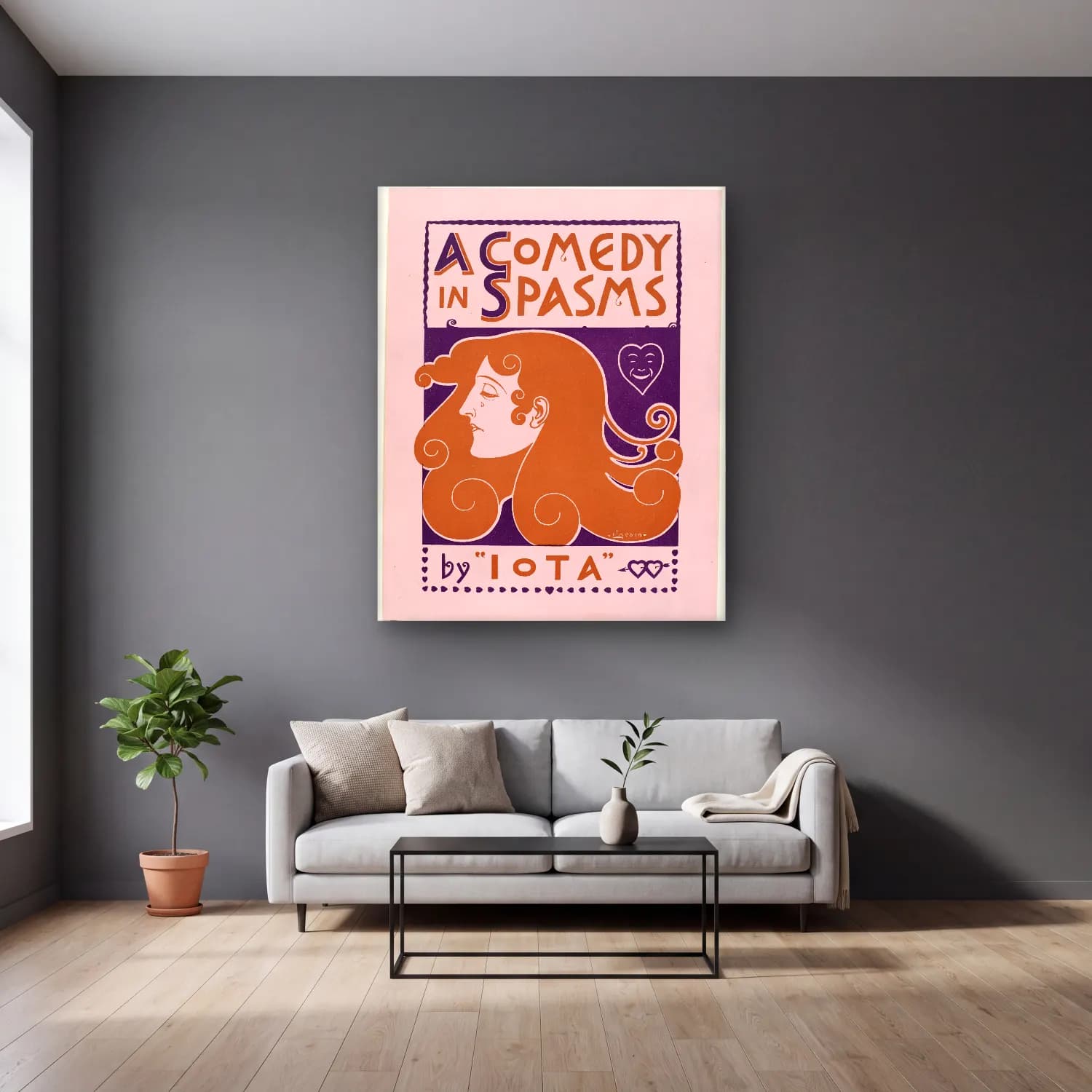 Vintage Poster Makarna – Mor Tonlar cam tablo — gri duvarlı salonda