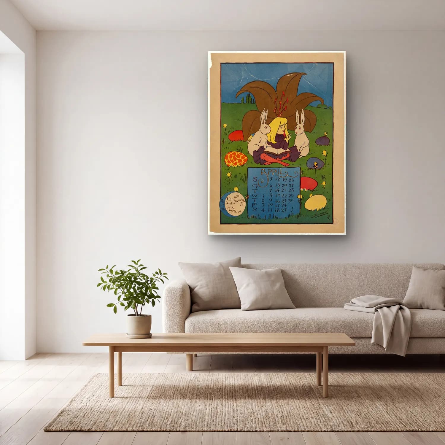 Vintage Poster Tavşan cam tablo — açık renk salonda
