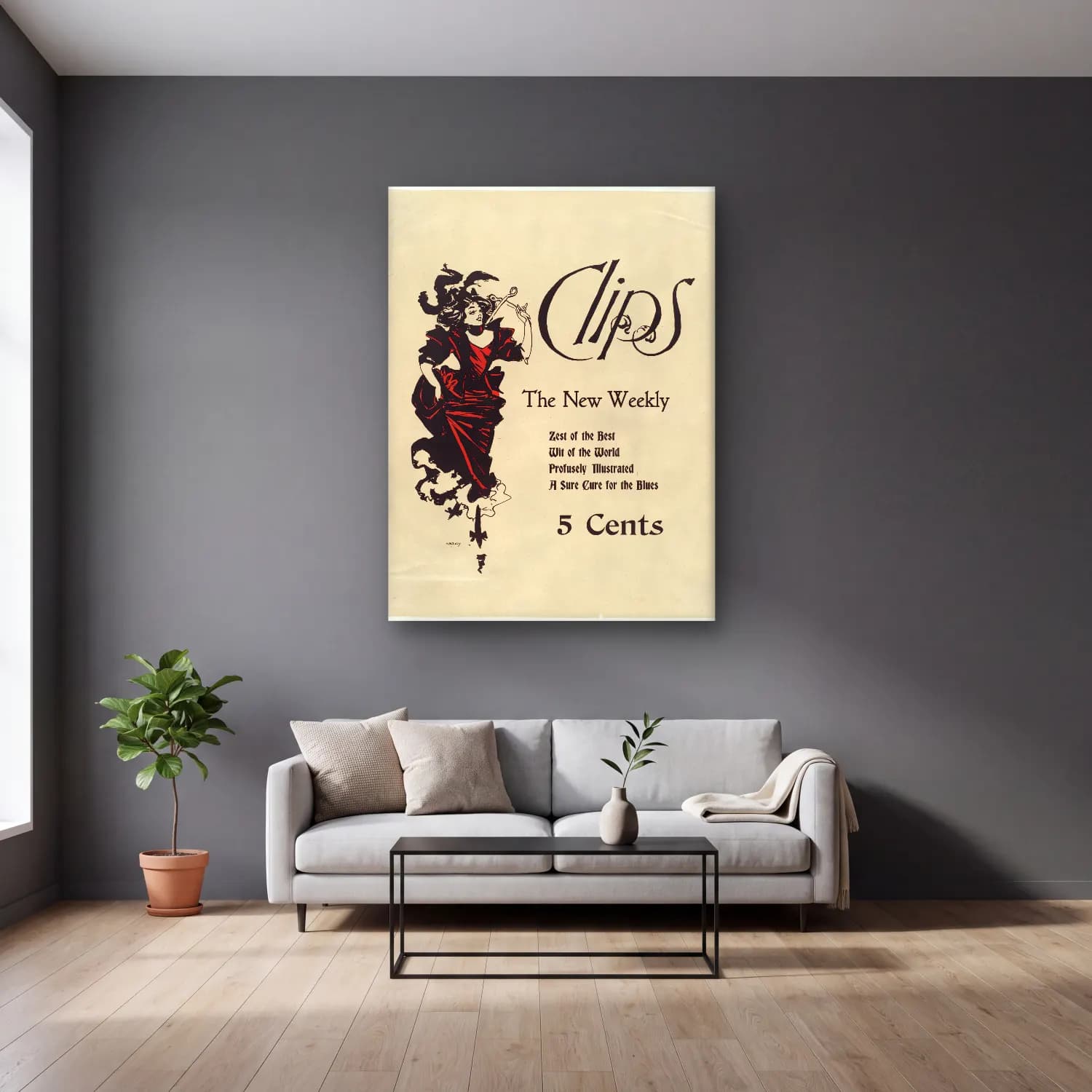Vintage Poster Elbiseli Kadın – Kırmızı Tonlar cam tablo — gri duvarlı salonda