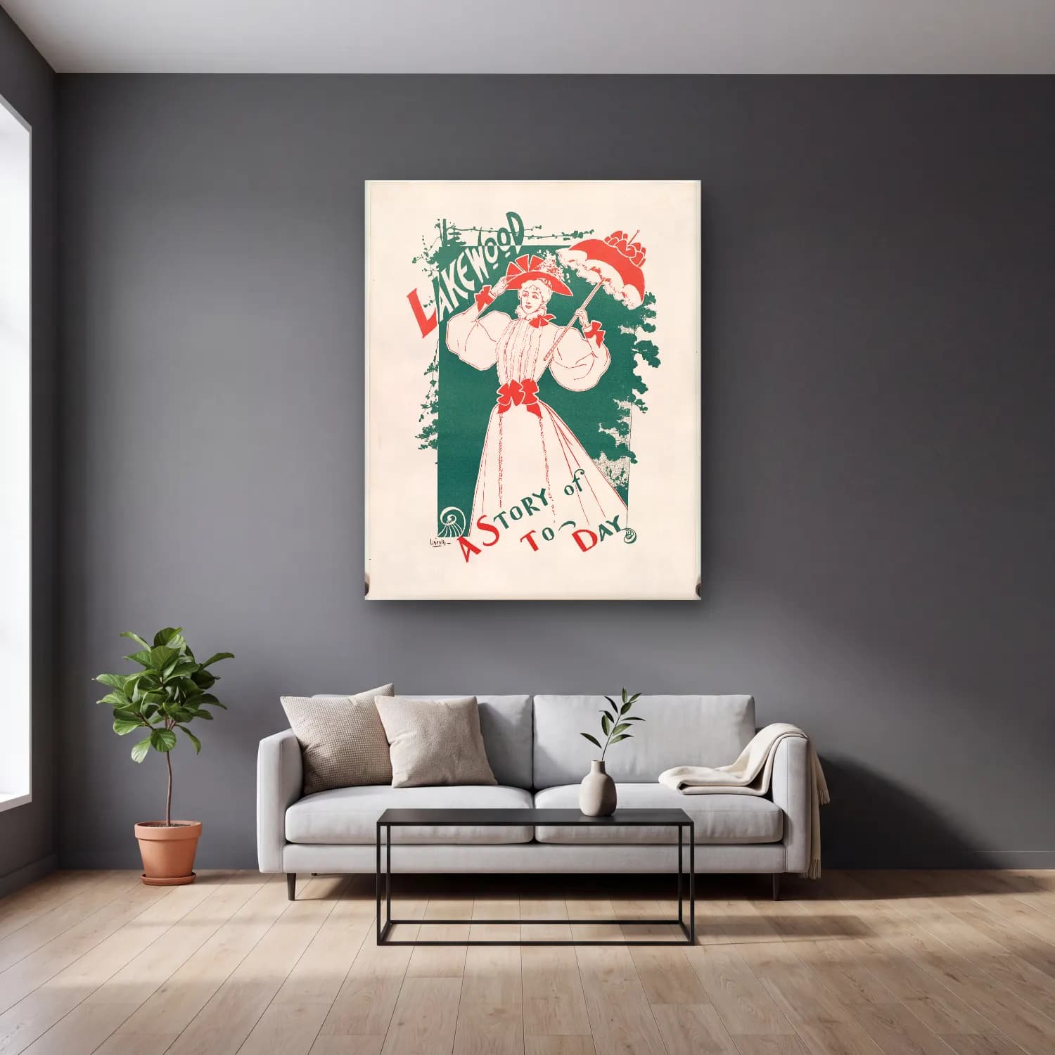 Vintage Poster Elbiseli Kadın No. 7 cam tablo — gri duvarlı salonda