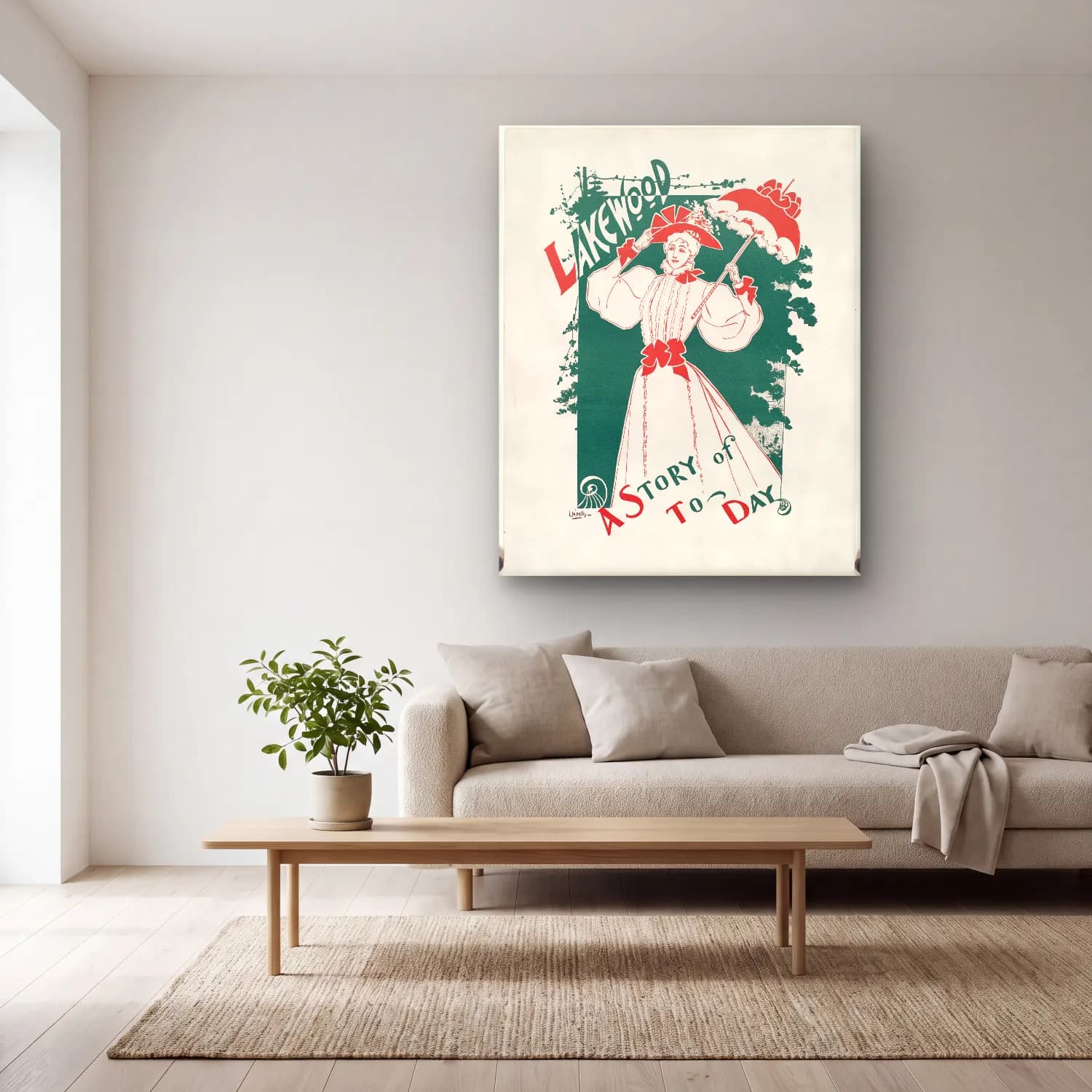 Vintage Poster Elbiseli Kadın No. 7 cam tablo — açık renk salonda