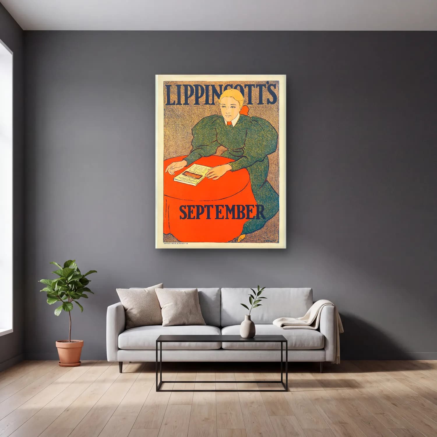 Vintage Poster Kitap Okuyan Kadın – Kırmızı Tonlar cam tablo — gri duvarlı salonda
