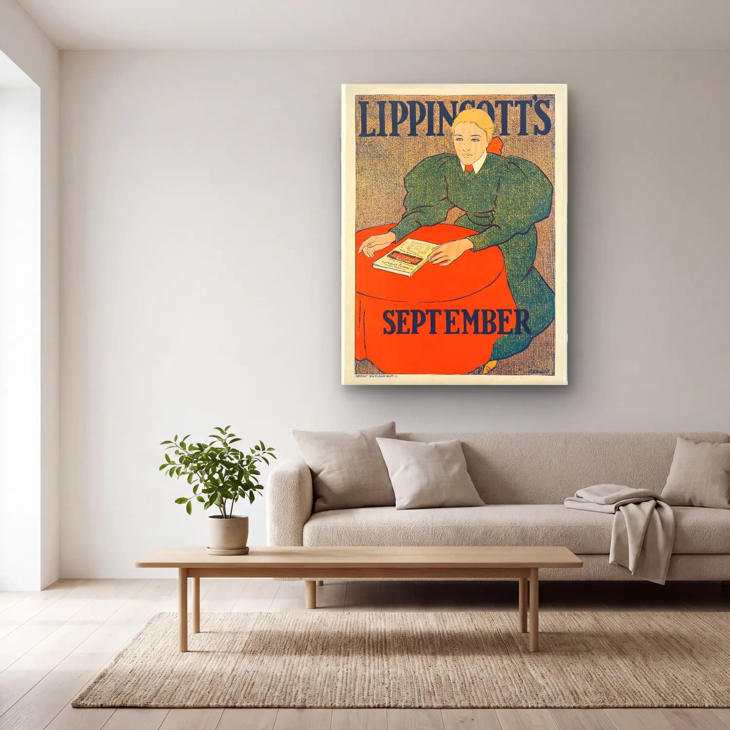 Vintage Poster Kitap Okuyan Kadın – Kırmızı Tonlar cam tablo — açık renk salonda
