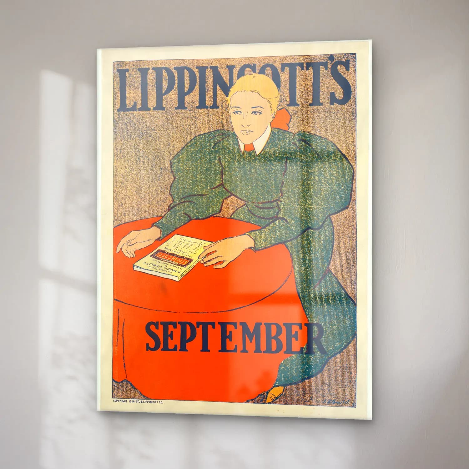 Vintage Poster Kitap Okuyan Kadın – Kırmızı Tonlar cam tablo — sağ açıdan görünüm