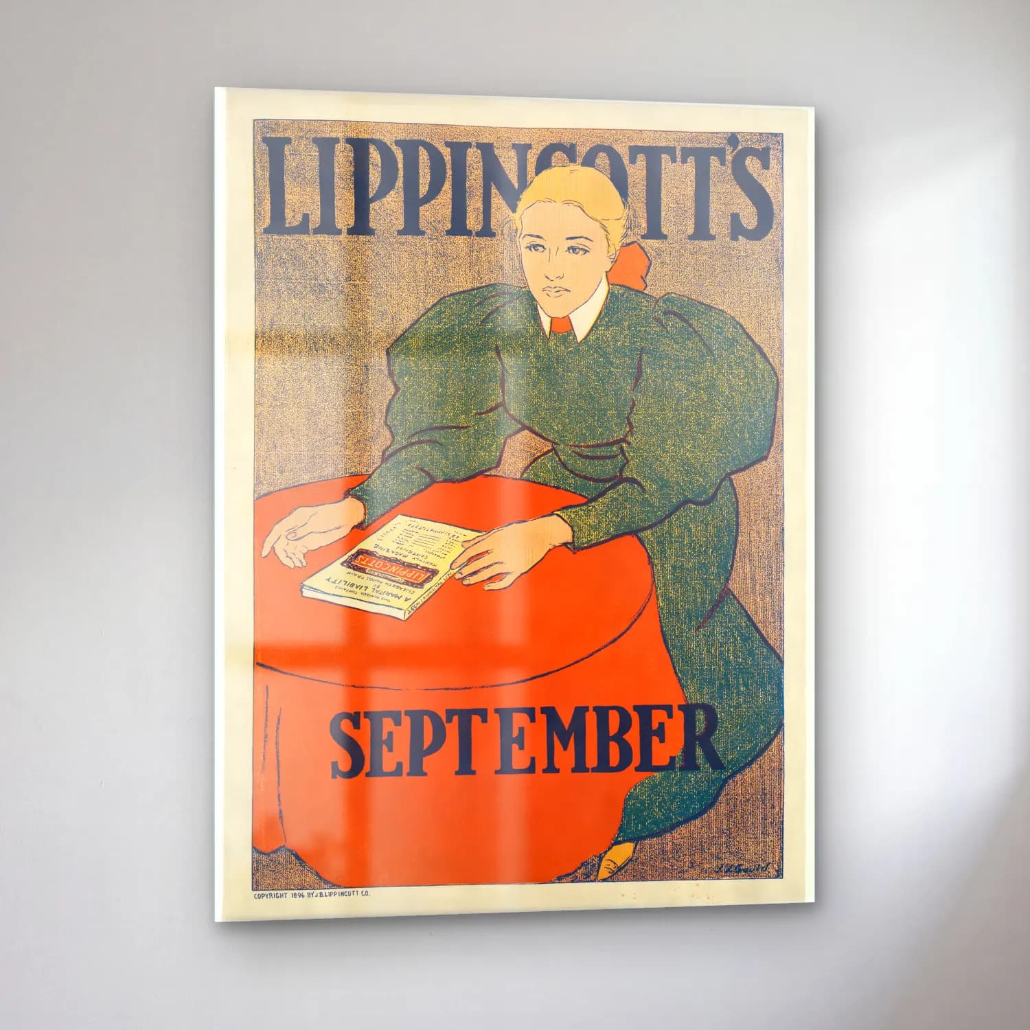 Vintage Poster Kitap Okuyan Kadın – Kırmızı Tonlar cam tablo — sol açıdan görünüm