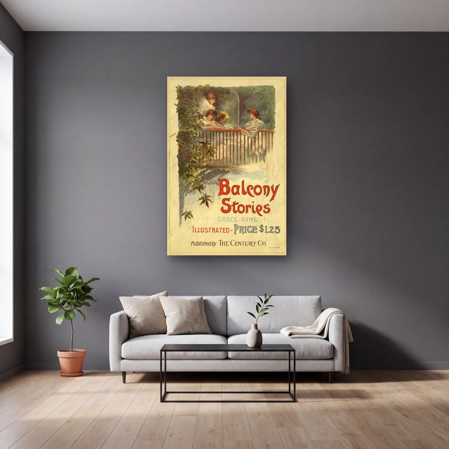Vintage Poster Kitap Okuyan Kadın – Bej Tonlar cam tablo — gri duvarlı salonda