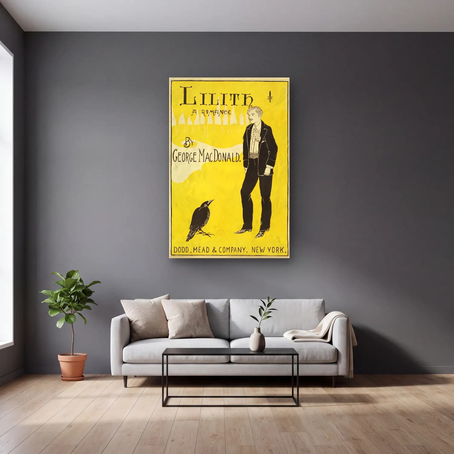 Vintage Poster Erkek Portresi – Siyah Beyaz Tonlar cam tablo — gri duvarlı salonda