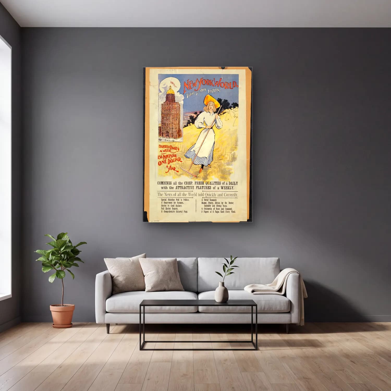 Vintage Poster Şapkalı Kadın cam tablo — gri duvarlı salonda