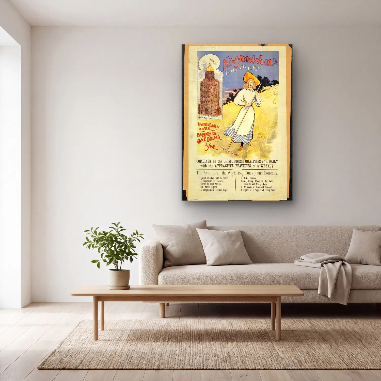 Vintage Poster Şapkalı Kadın cam tablo — açık renk salonda