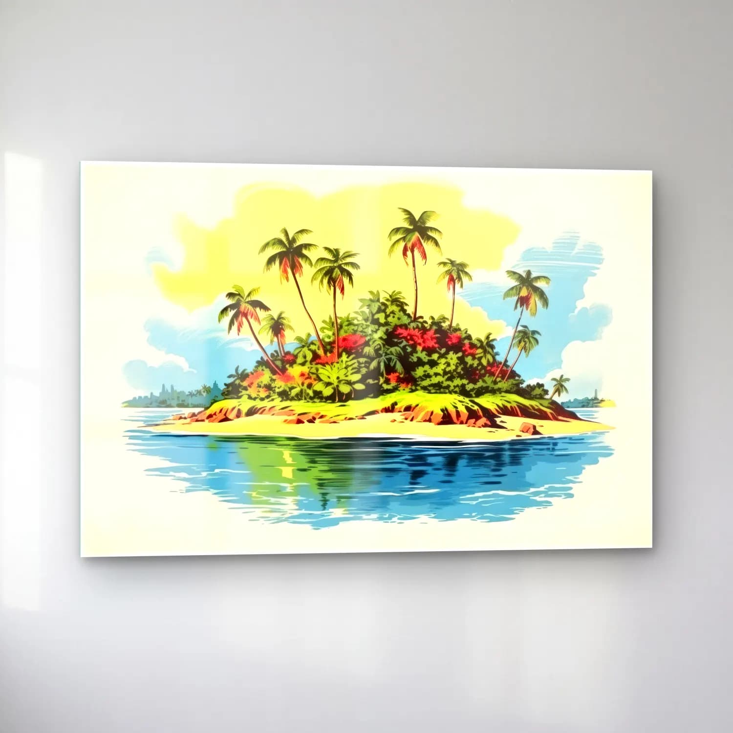Vintage Palmiyeli Tropik Sahil – Sarı Tonlar cam tablo — sol açıdan görünüm