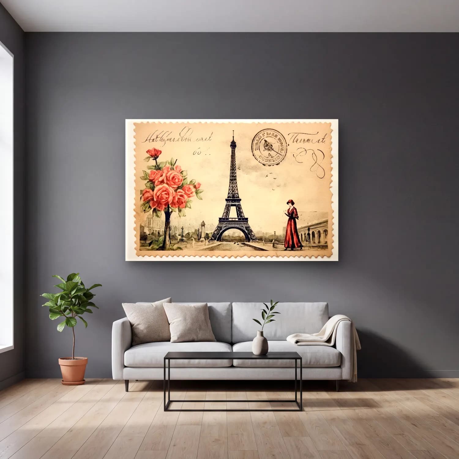 Vintage Paris ve Eyfel Kulesi cam tablo — gri duvarlı salonda