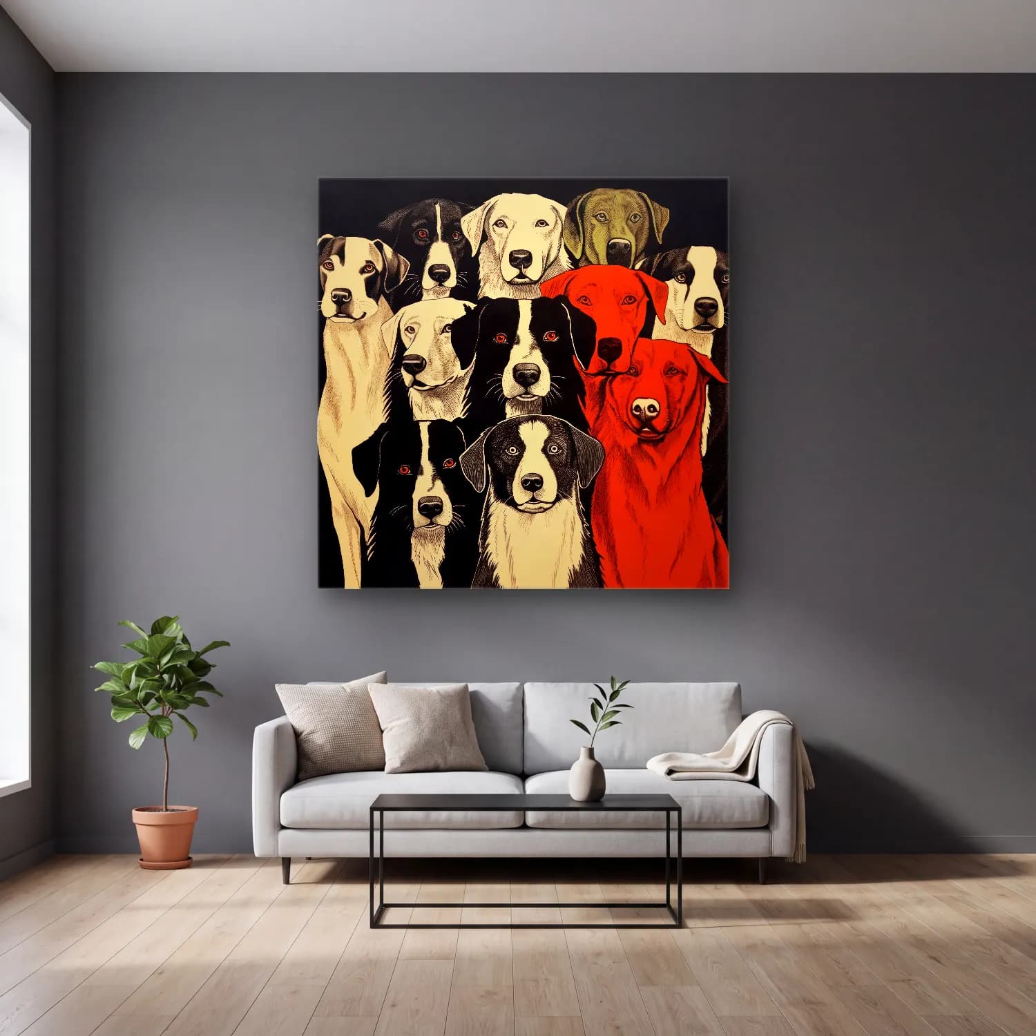 Vintage Köpek No. 11 cam tablo — gri duvarlı salonda