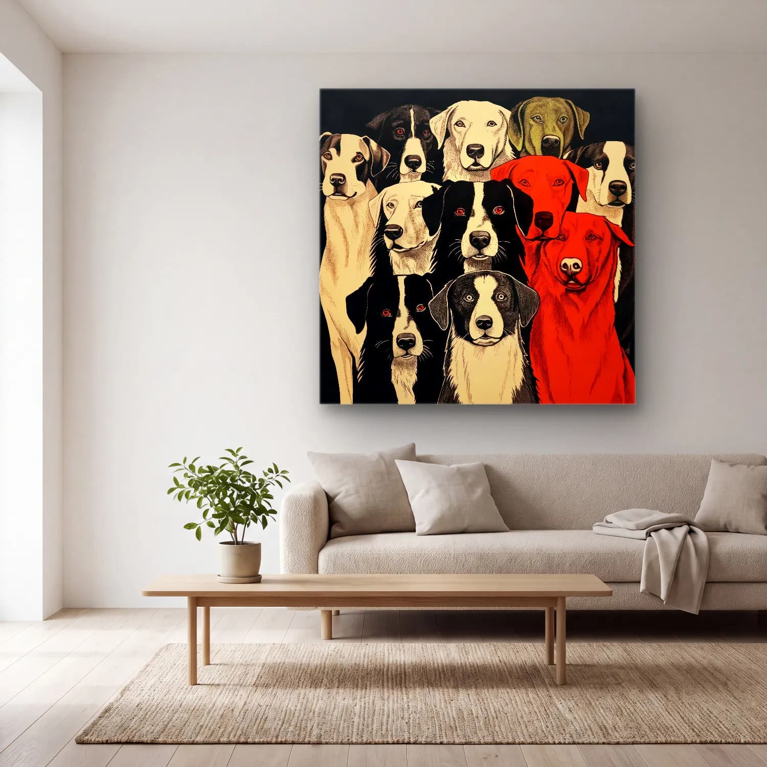 Vintage Köpek No. 11 cam tablo — açık renk salonda