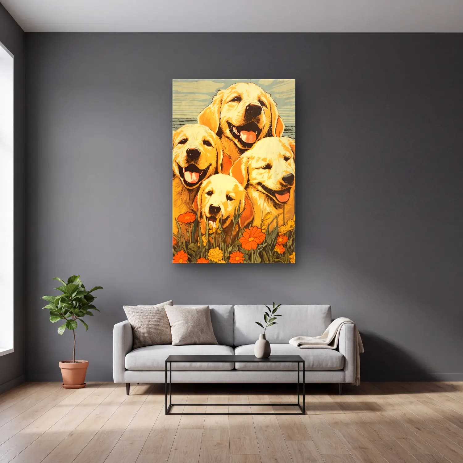 Vintage Poster Köpek – Sarı Tonlar cam tablo — gri duvarlı salonda