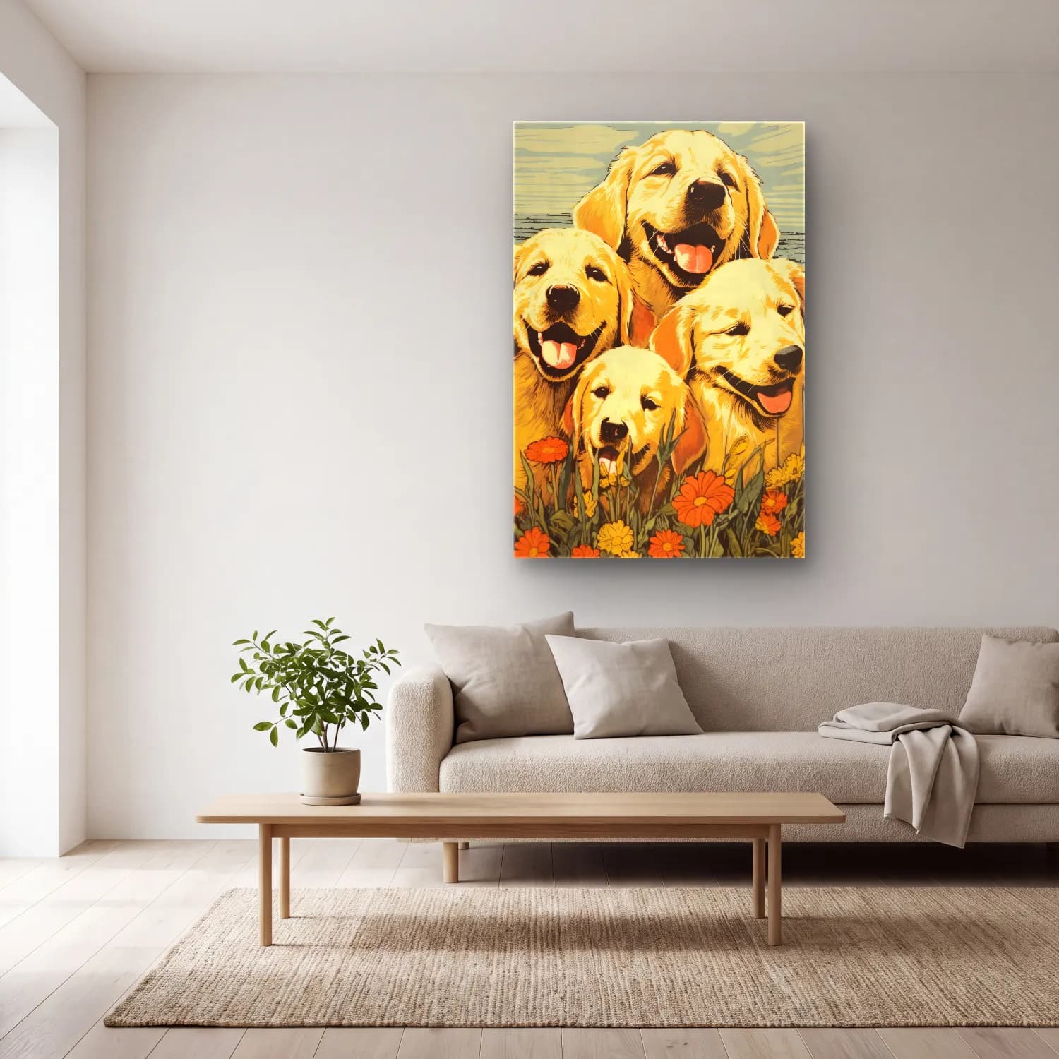 Vintage Poster Köpek – Sarı Tonlar cam tablo — açık renk salonda