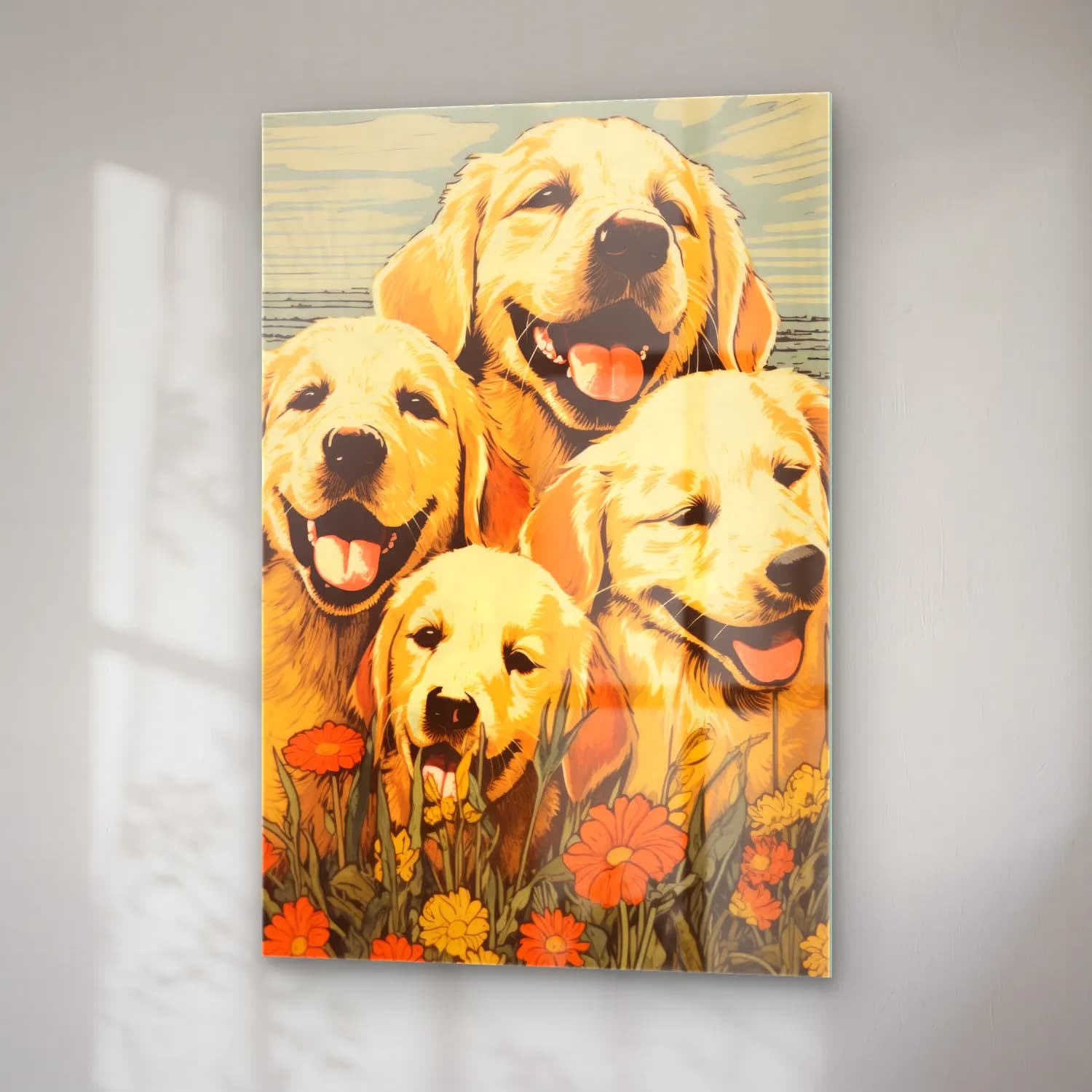 Vintage Poster Köpek – Sarı Tonlar cam tablo — sağ açıdan görünüm